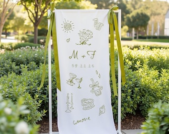 Illustrated Wedding Welcome Sign – Custom Fabric Banner – Boho Forest or Outdoor Ceremony Decor