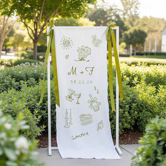 Personalized Fabric Wedding Welcome Sign – Custom Cotton Banner With Illustrated Icons – Self-Edit Template Option
