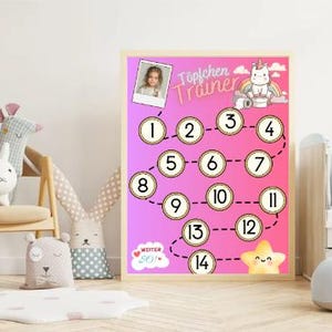 Könnte beinhalten: Ein gerahmtes rosa-lila Diagramm mit dem deutschen Text "Töpfchen Trainer" und den Zahlen 1-14. Oben befinden sich ein Foto eines Kindes und ein Cartoon-Einhorn. Unten befinden sich ein Stern und ein Herz. Das Diagramm befindet sich in einem Kinderzimmer.