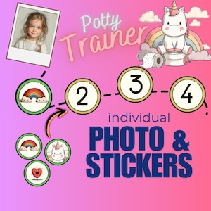 Puede incluir: Gráfico rosa y morado con las palabras "Potty Trainer" y "PHOTO & STICKERS individual". Incluye una foto de un niño, un unicornio, un arcoíris y círculos numerados.