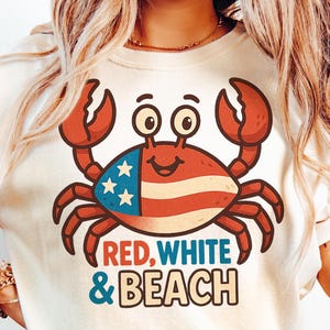 Roodwitte en strandkrab png, schattige Amerikaanse krab png, 4 juli kustdier png, shirt patriottische stranddag, cartoon krabontwerp