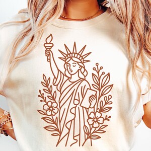 Floral da Liberdade PNG, Desenho da Estátua da Liberdade em Linha, Estética Patriótica Minimalista, Arte da Liberdade Feminina dos EUA, Dia da Independência PNG