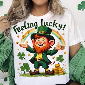 St. Patrick&#39;s Day Leprechaun with Coins PNG | Lucky Irish Shirt Design | Watercolor Leprechaun Print | Preppy St. Patrick&#39;s Tee PNG