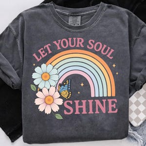 Let Your Soul Shine png, retro regenboog png, motiverende esthetiek png, boho vlinder bloemen png, positieve citaatsublimatie