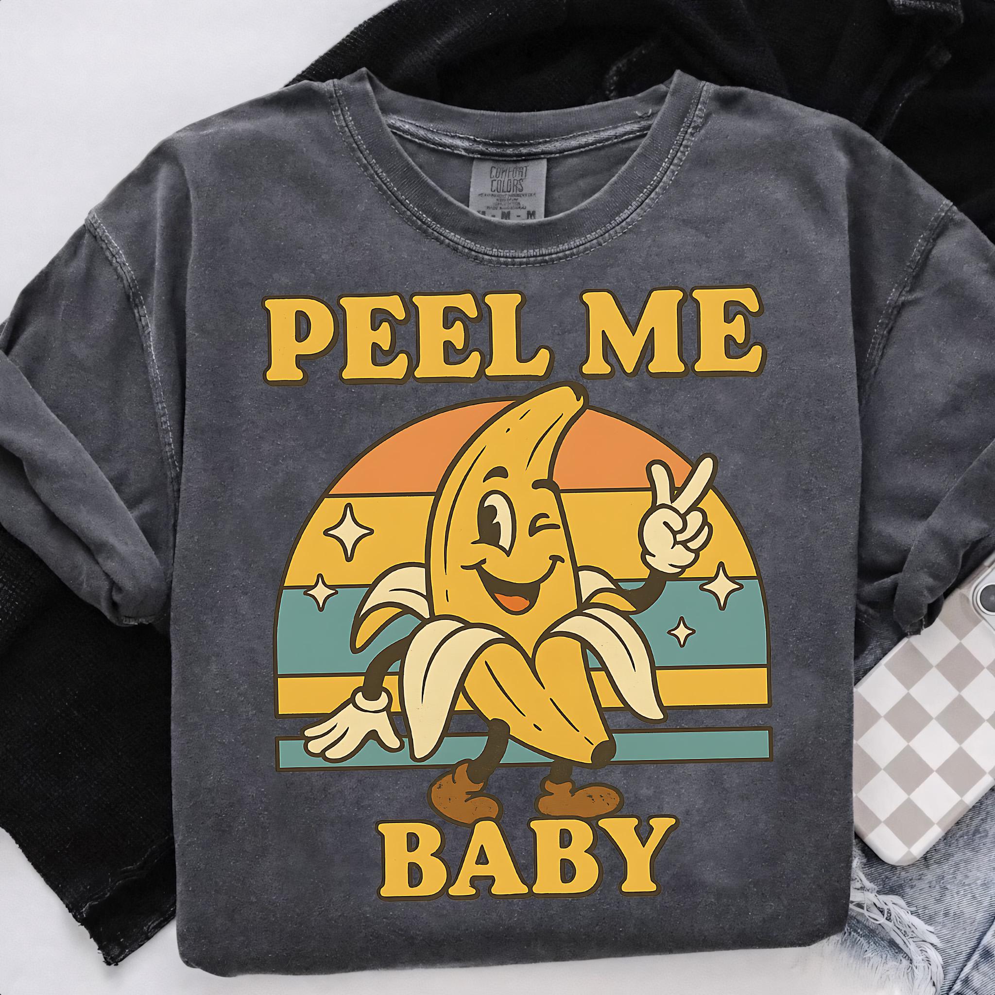 Retro Banana PNG, Peel Me Baby Fruit Pun, Funny Winking Banana Design, Vintage Sunset PNG, Cheeky Summer Fruit Sublimation