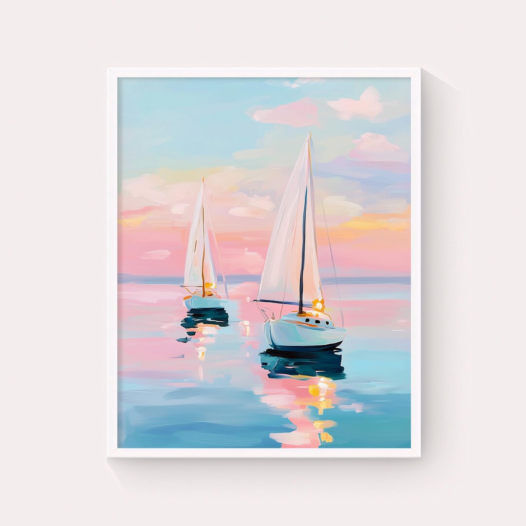 Pastel Sailboats Sunset Painting: Coastal Ocean Wall Art (digital ...