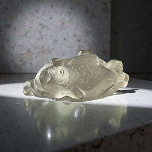 Op de afbeelding: Een heldere, matglazen sculptuur van een vis, liggend op een reflecterend oppervlak. De vis heeft gedetailleerde vinnen en schubben, met een zichtbaar oog en mond. De sculptuur is verlicht, waardoor schaduwen en highlights ontstaan.