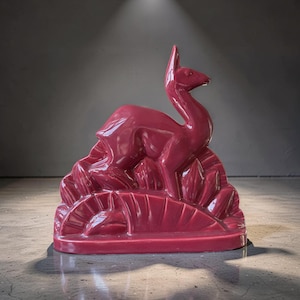 Designed by Charles Lemanceau (1905-1980) for Saint Clément, France - 1930s Art Deco French Faience - ceramic antelope sculpture.