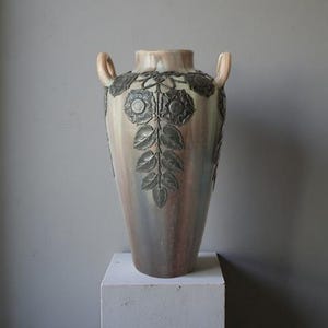 Antique French or Belgium ceramic Art Nouveau vase with a floral pewter overlay - decorative Art Nouveau Art vase