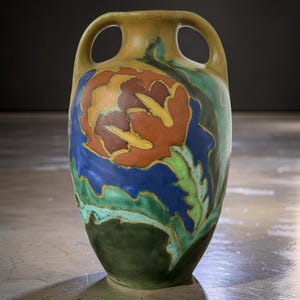 Può includere: Un vaso in ceramica con due manici, finitura opaca e motivo floreale dipinto a mano. Il design presenta un grande fiore arancione centrale circondato da fogliame blu profondo, verde brillante e verde oliva scuro su base giallo senape.
