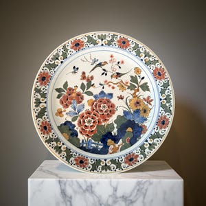 Op de afbeelding: Een decoratieve keramische schaal met een bloemen- en vogelontwerp. De schaal heeft een witte achtergrond met een blauwe rand en een groene en rode bloemenrand. Het midden van de schaal heeft rode, blauwe en gele bloemen met vogels.