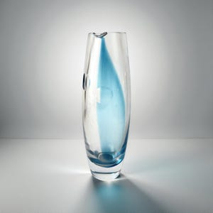 May include: A clear glass vase with a blue teardrop design. The vase has a rounded shape with a slightly flared top and a small circular indentation on the side. The blue colour is concentrated in the centre, creating a striking visual contrast.