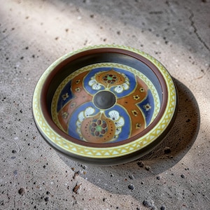 May include: A decorative ceramic bowl with a detailed floral pattern in shades of blue, orange, and white. The bowl has a dark brown interior and a yellow border with a geometric design. The bowl is round and sits on a textured surface.