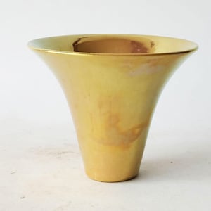 Puede incluir: Un jarrón dorado con la parte superior acampanada y un acabado liso y brillante. El jarrón tiene una abertura ancha y una superficie ligeramente texturizada, adecuado para exhibir flores o como pieza decorativa.