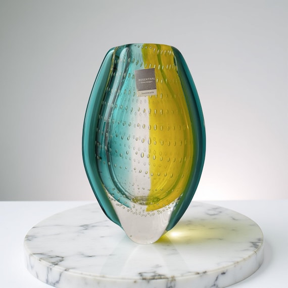 Rosenthal Germany Home Designs - Modern Elegant Oval Vintage Design Vase With Green and Yellow Accents and Small Enclosed Air Bubbles