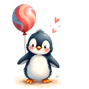 Pinguin Baby Aquarell Clipart Kinderzimmer Dekor mit Luftballon Watercolor als Digitalen Download