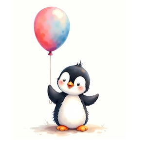 Pinguin Baby Aquarell Clipart Kinderzimmer Dekor mit Luftballon im Watercolor Design als Digitalen Download