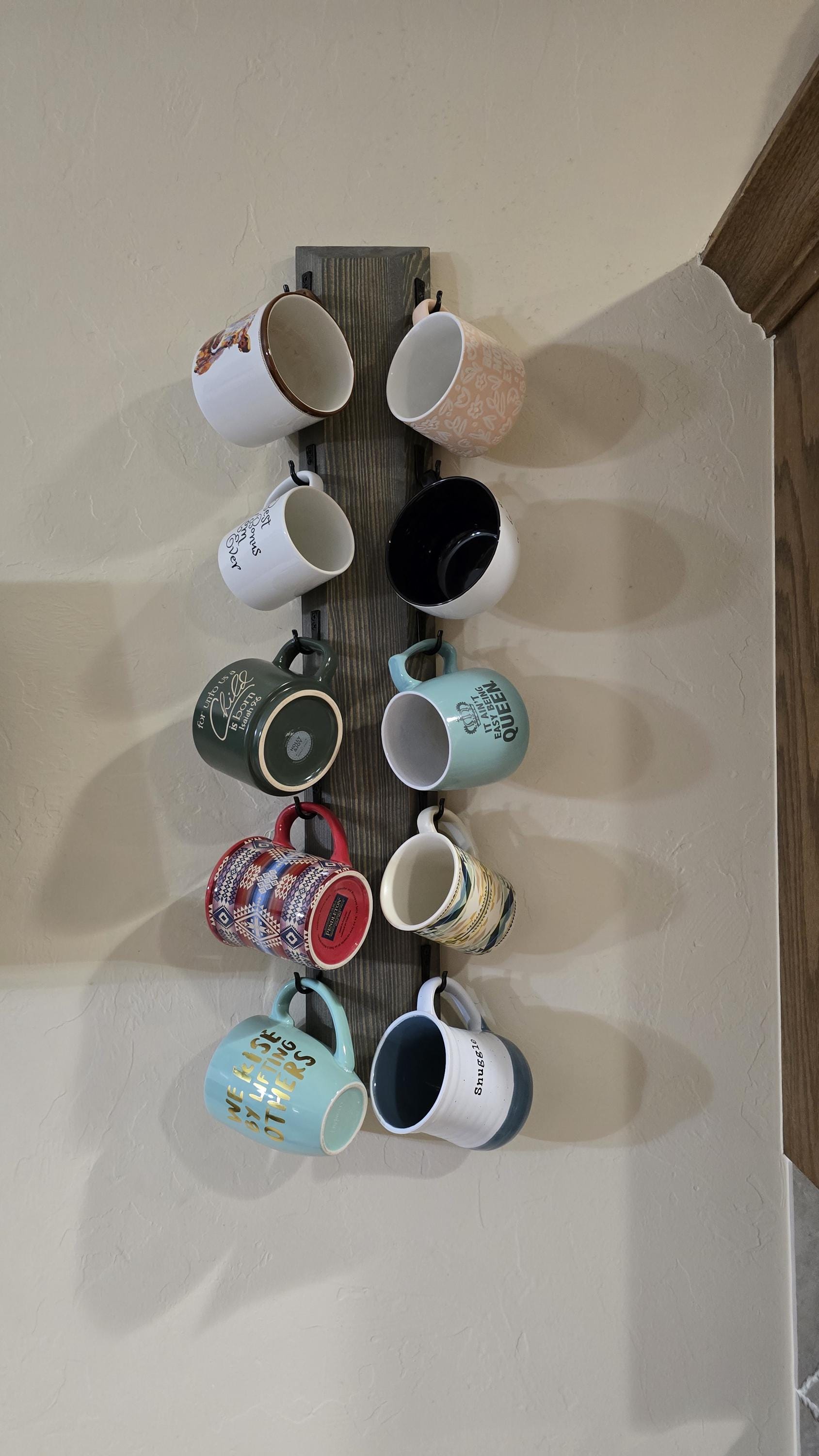 Rustic Wall Mounted Coffee Mug Holder – Farmhouse Style Cup Rack for Kitchen, Coffee Bar, or Small Spaces