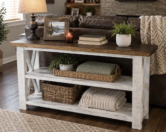 Handmade Farmhouse Console Table: Distressed White Wood, Dark Walnut Top, Two Shelves