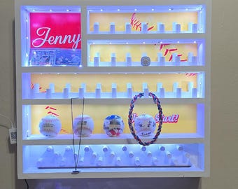 Customizable Baseball and Softball Ring Display with LED lights. Customizable with names, numbers and phrases