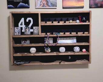 Personalized Championship Ring & Ball Display Case with Optional Medal Hangers - Customizable Sports Showcase