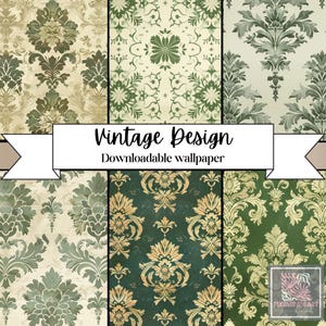 Può includere: Un collage digitale di sei motivi damascati vintage in tonalità di verde, oro e crema. I motivi sono disposti in una griglia con il testo "Vintage Design Sfondo scaricabile" al centro.