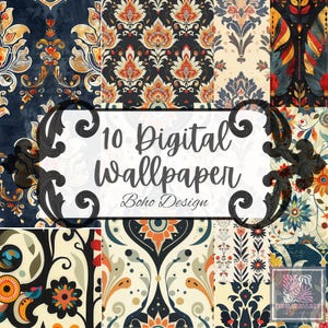 Può includere: Un collage di 10 design di carta da parati digitali che presentano motivi intricati in tonalità di blu, arancione, giallo e verde. I design sono ispirati allo stile bohémien e presentano motivi floreali, forme geometriche e motivi paisley. Il testo "10 Digital Wallpaper Boho Design" è visualizzato al centro dell'immagine.