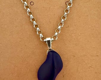 Blue Tumbled Glass Necklace, Stainless Steel Chain
