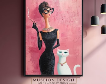 Vintage Woman Cat Art Print, Retro Fashion Portrait, Pink Wall Art, Feminine Printable Decor, Digital Download