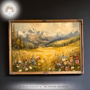 Vintage Mountain Landscape Art | Alpine Meadow & Wildflowers | Impressionist Oil Painting Print | Rustic Nature Wall Art | Digital Download