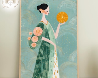 Elegant Woman in Green Dress Art Print: Boho Fashion Portrait (Digital Download)