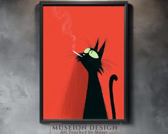 Black Cat Wall Art Print, Smoking Cat Art, Vintage Style Animal Wall Decor, Moody Cat Digital Download