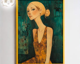 Abstract Blonde Woman Portrait: Mid-Century Boho Wall Art (Digital Download)