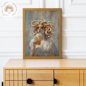 A bold and whimsical Medusa artwork with a baroque oil painting texture, ideal for mythology fans and eclectic home decor.
