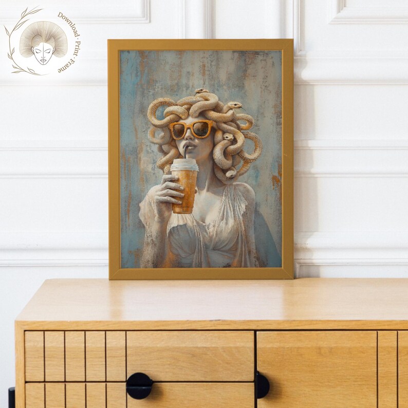 A bold and whimsical Medusa artwork with a baroque oil painting texture, ideal for mythology fans and eclectic home decor.