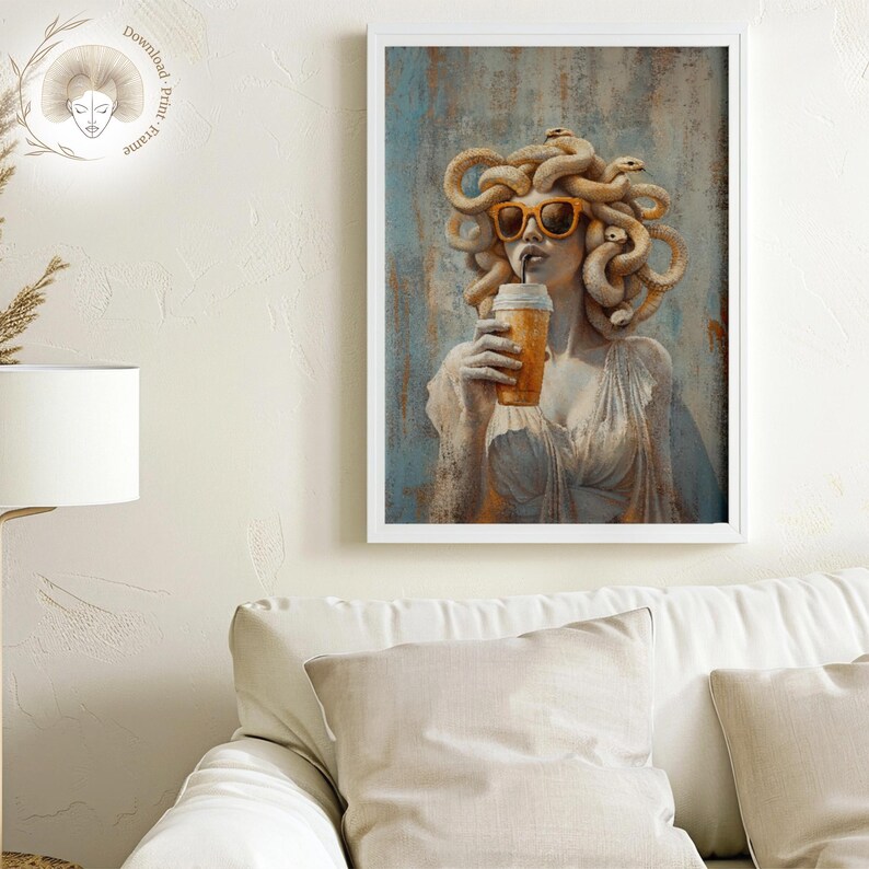 Humorous Greek mythology artwork featuring Medusa in a modern twist, drinking coffee with oversized sunglasses and textured brushstrokes.