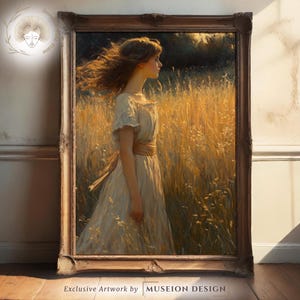 Rustic Woman Portrait: Golden Fields Vintage Oil Painting (Digital Download)