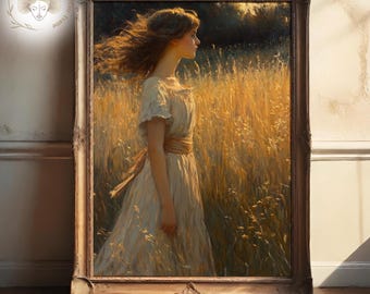 Rustic Woman Portrait: Golden Fields Vintage Oil Painting (Digital Download)