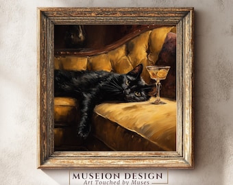 Vintage Black Cat Print, Bar Cart Decor, Cocktail Art, Moody Pet Wall Decor, Printable Digital Download