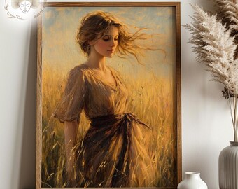 Boho Woman Portrait: Rustic Wheat Field Art Print (Digital Download)