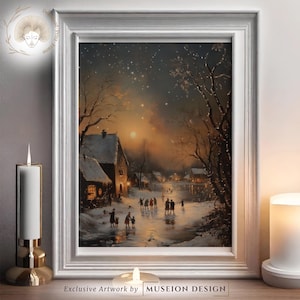 Vintage Winter Wall Art | Ice Skating Landscape Painting | Printable Holiday Home Decor | Winter Cityscape Painting | Digital Download