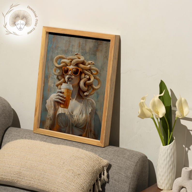 Funny Medusa painting with a relaxed pose, stylish sunglasses, and a coffee cup, perfect for quirky wall art lovers.