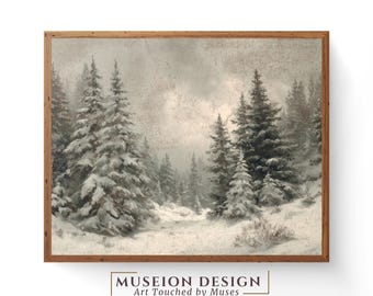 Könnte beinhalten: Gerahmtes Vintage-Winterlandschaftsgemälde. Das Kunstwerk zeigt schneebedeckte immergrüne Bäume in einem Wald unter einem bewölkten Himmel. Das Gemälde befindet sich in einem Holzrahmen, mit dem Text "MUSEION DESIGN Art Touched by Muses" unten.