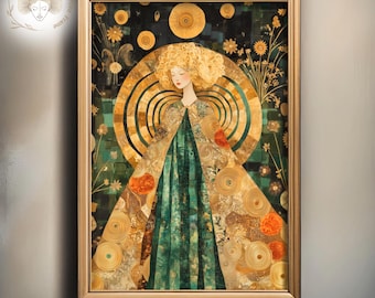 Klimt Style Woman Art Print: Emerald & Gold Portrait (Digital Download)