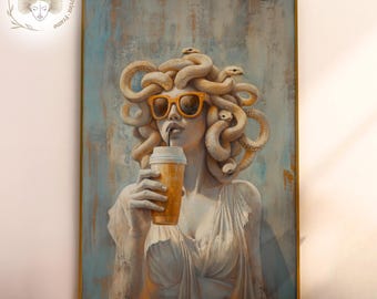 Funny Medusa Coffee Art Print: Greek Mythology Vintage Oil Painting (Digital Download)