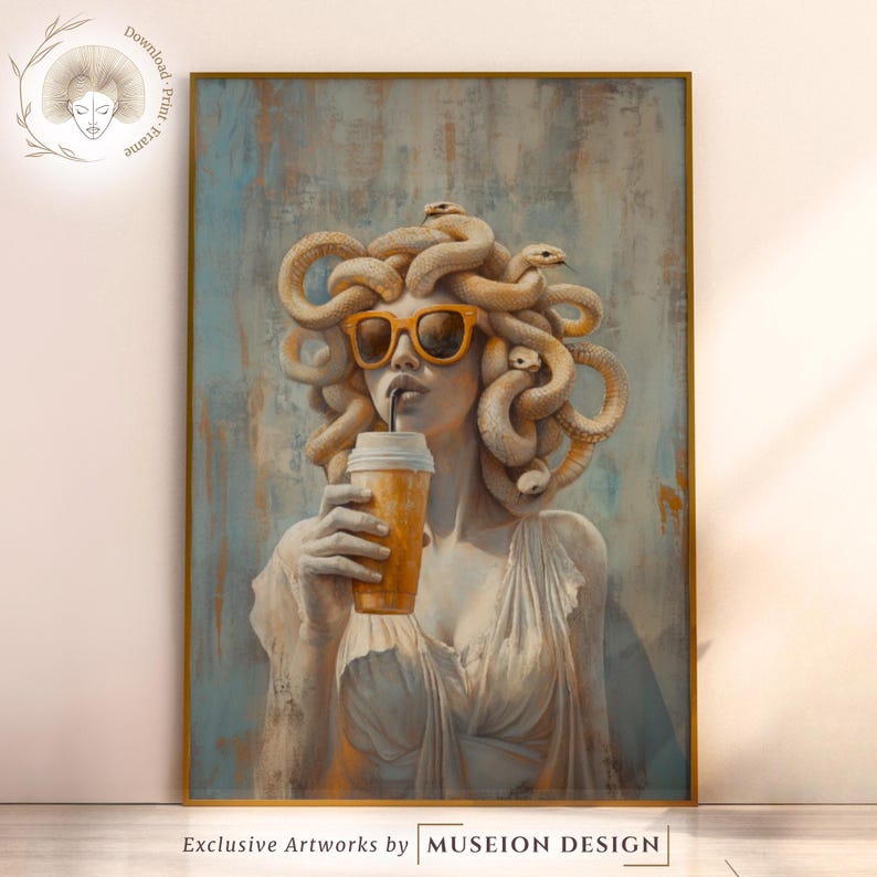 A vintage-style oil painting of Medusa sipping iced coffee through a straw, wearing sunglasses, with snakes elegantly coiling around her head.
