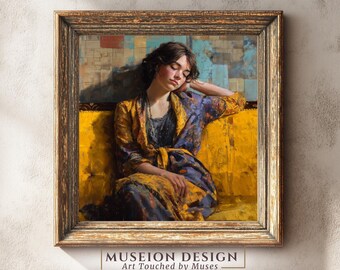 Vintage Woman Portrait Art, Boho Figurative Wall Art Print, Cozy Home Decor, Digital Download