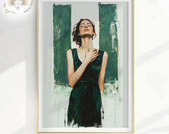 Emerald Green Dress Woman Portrait: Abstract Minimalist Art (Digital Download)