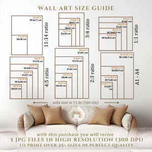 May include: A wall art size guide with a sofa in the background. The guide shows different sizes of wall art in inches and centimeters, with corresponding aspect ratios. The text "sofa size is 75 in (190 cm)" is also included.