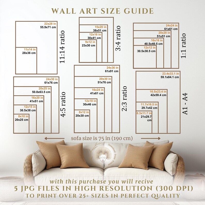 May include: A wall art size guide with a sofa in the background. The guide shows different sizes of wall art in inches and centimeters, with corresponding aspect ratios. The text "sofa size is 75 in (190 cm)" is also included.